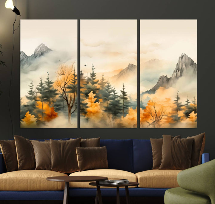 A wall art of Abstract Watercolor Mountains and Trees Autumn on museum-quality canvas.