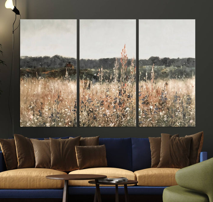 A dining room featuring the Abstract Wildflower Art Field Landscape Oil Painting Print.