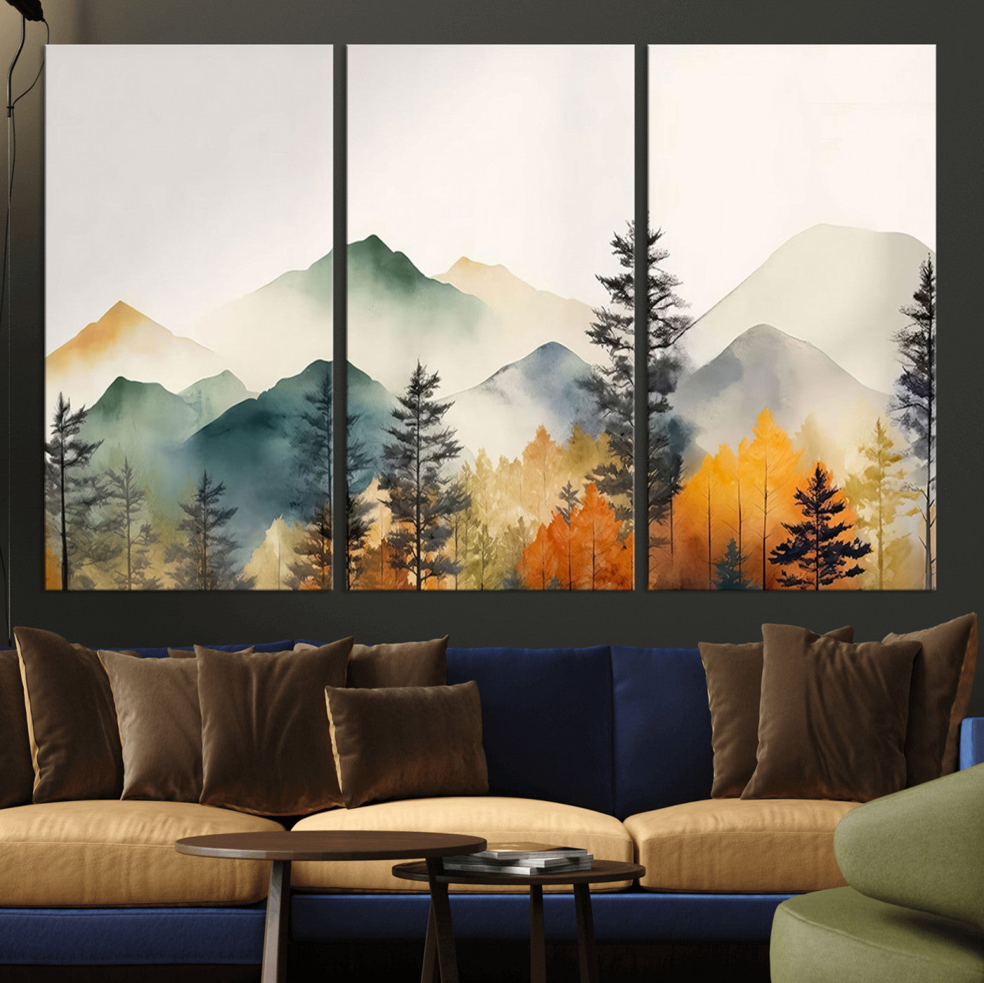 -Abstract Watercolor Mountains and Trees Autumn Wall Art, Mountains and Trees Autumn Wall Art Canvas