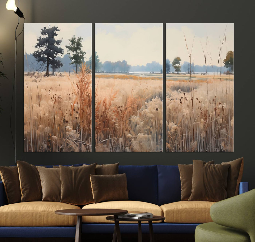 The Golden Fields Canvas Art Print, depicting a serene landscape, adds tranquility with its presence.