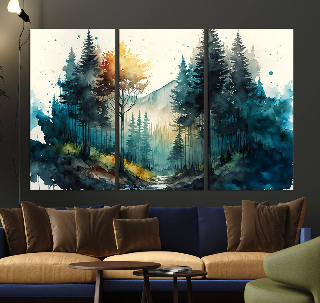 The Watercolor Trees Forest Abstract canvas print is displayed prominently.