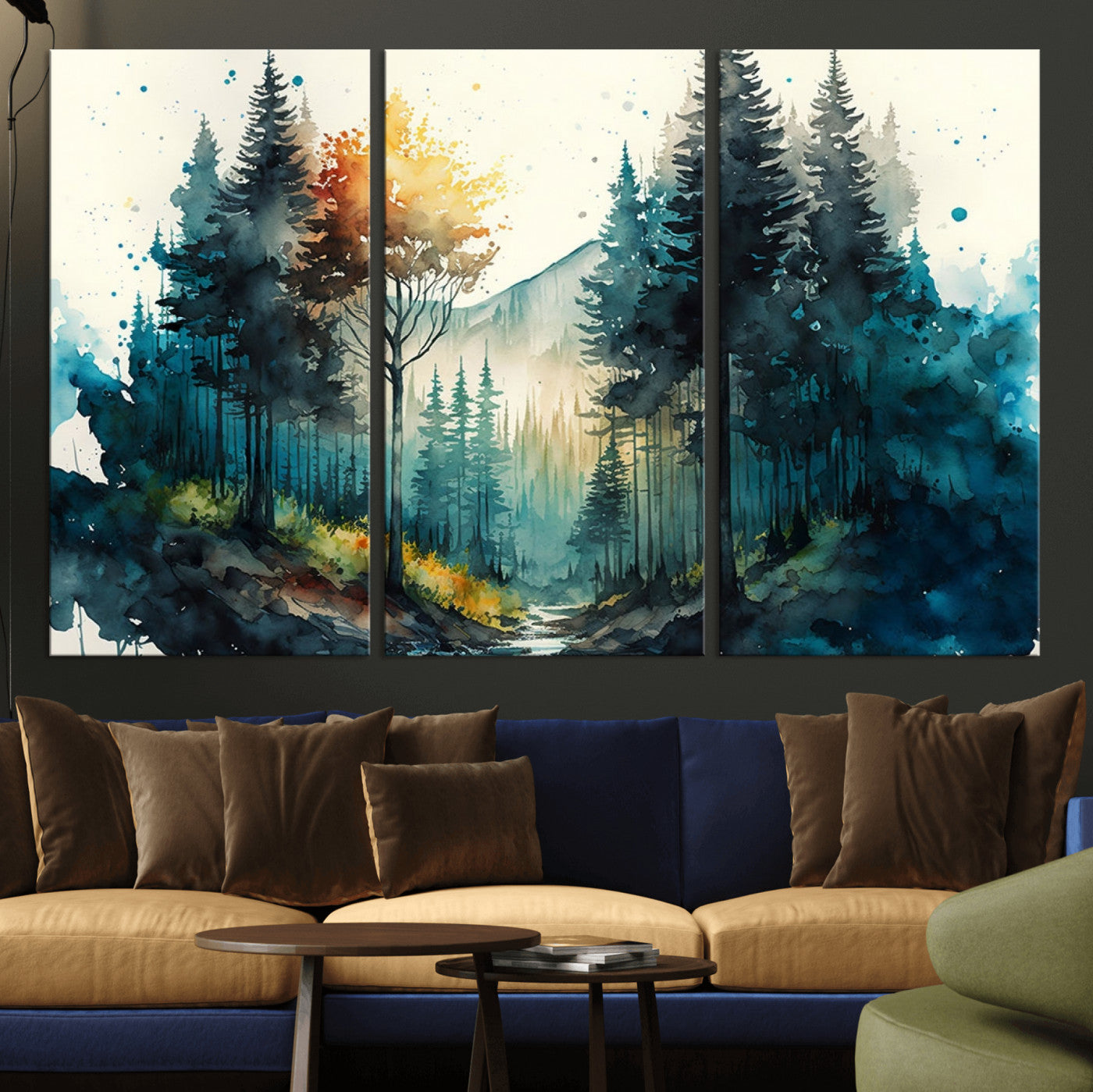 MGV-CV-48X32-3P - Watercolor Trees Forest Abstract Wall Art Canvas Print