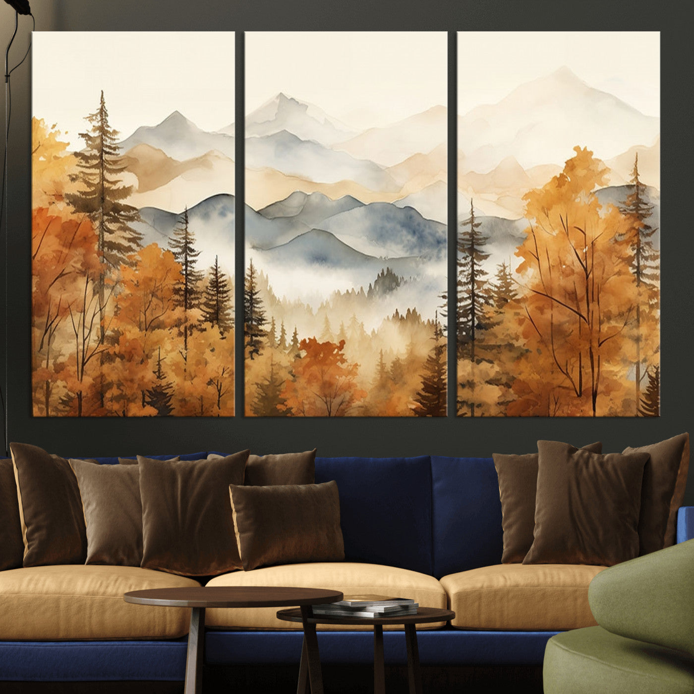 MGV-CV-48X32-3P - Golden Autumn Forest Wall Art | Mountain Landscape Canvas Print for Living Room or Bedroom | Large Wall Decor with Nature-Inspired Design