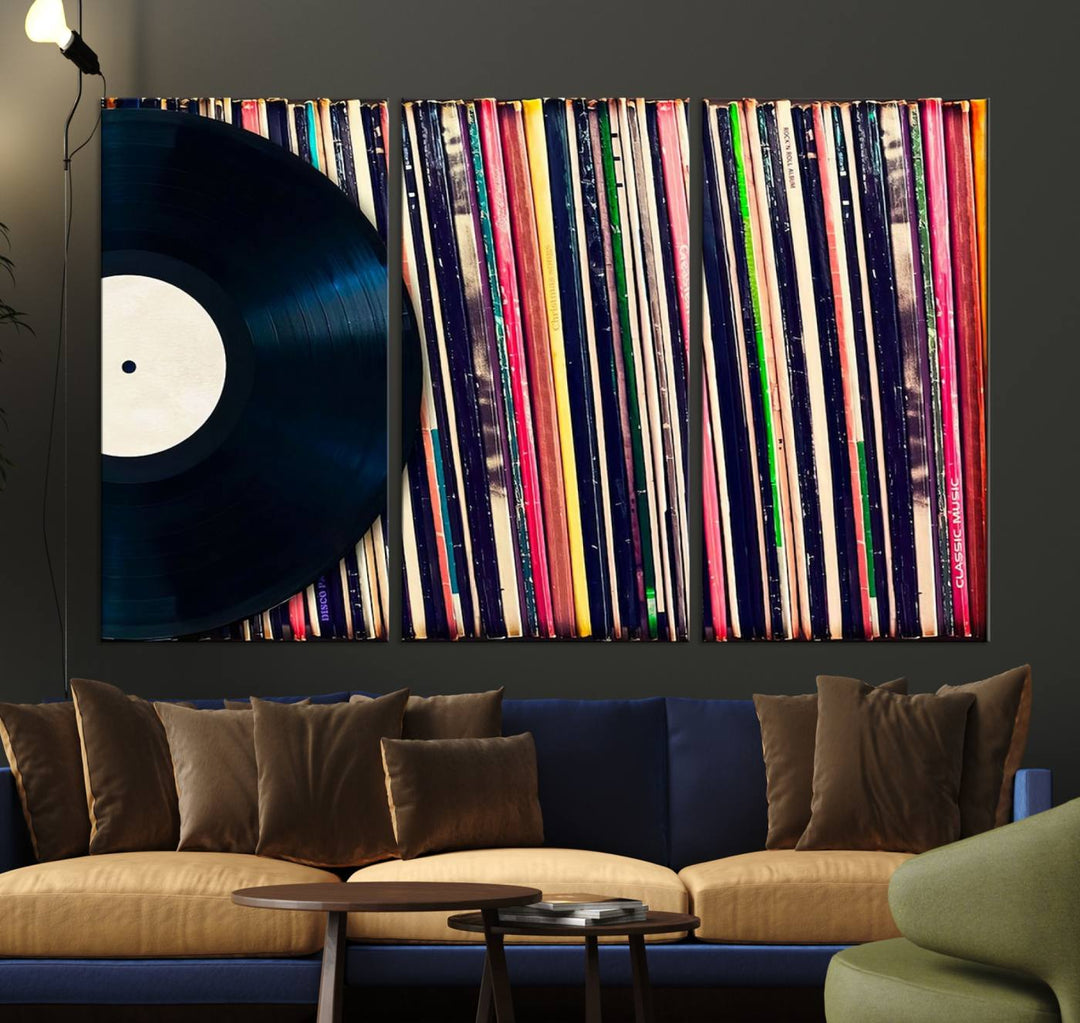 The Vinyl Record and Album Collection Canvas above the dining table enhances the modern kitchen, creating a perfect aesthetic for vintage vinyl lovers.