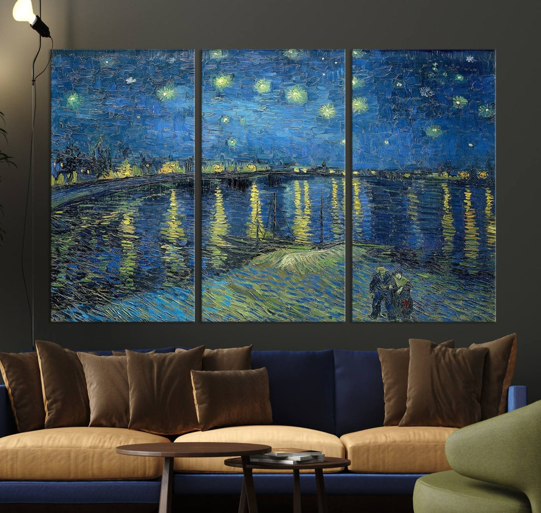 A Vincent van Gogh Starry Night over the Rhone canvas print is displayed on a porch.