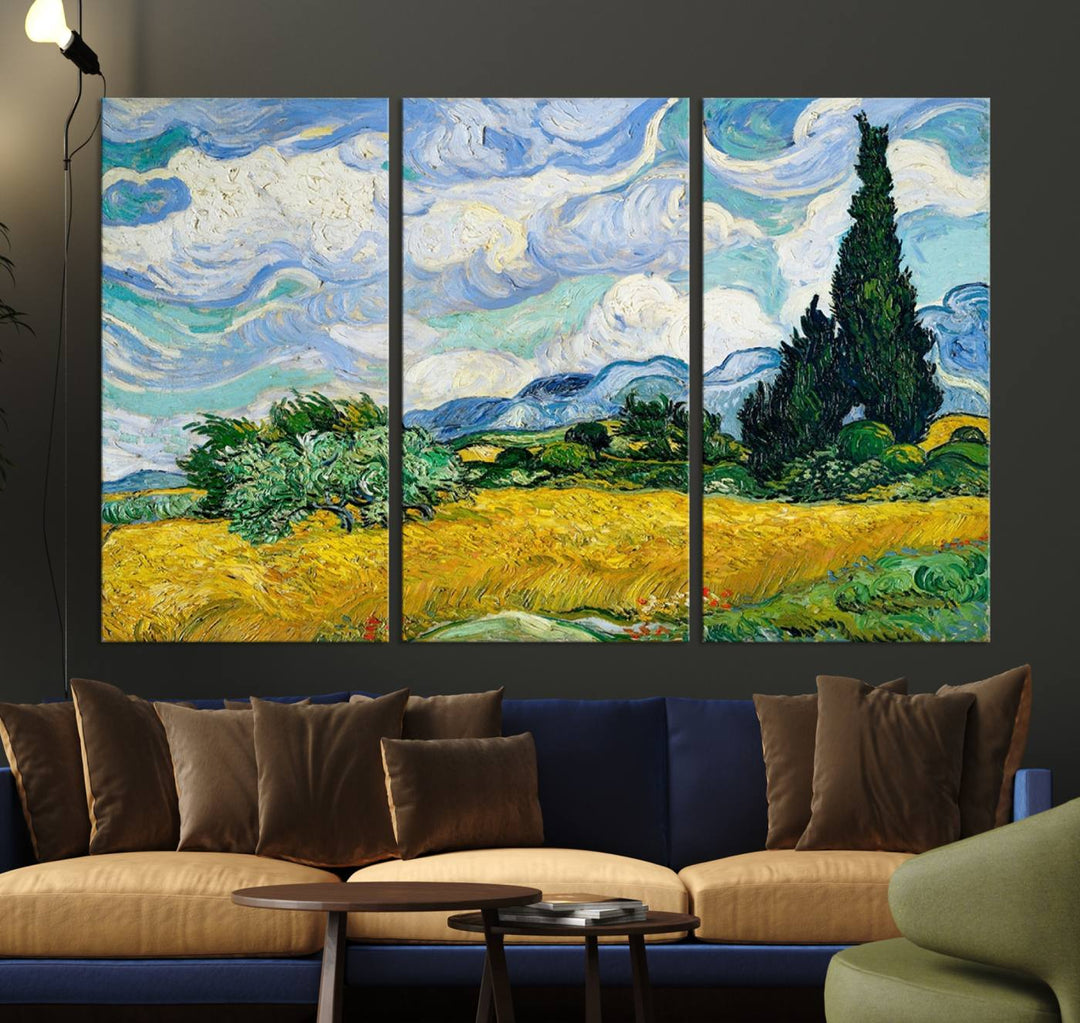 A kitchen featuring Wheatfield With Cypresses Van Gogh canvas wall art.