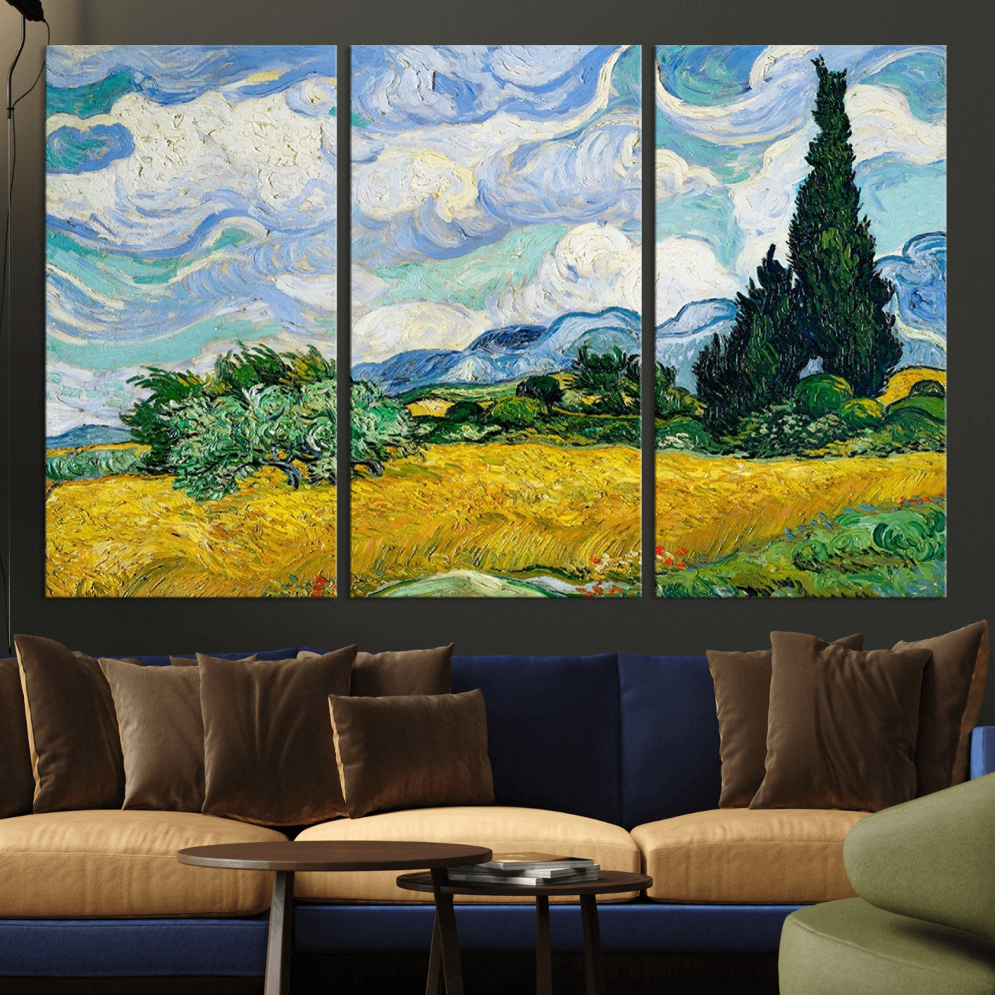 MGV-CV-48X32-3P - Wheatfield With Cypresses By Van Gogh Painting Wall Art Canvas Print