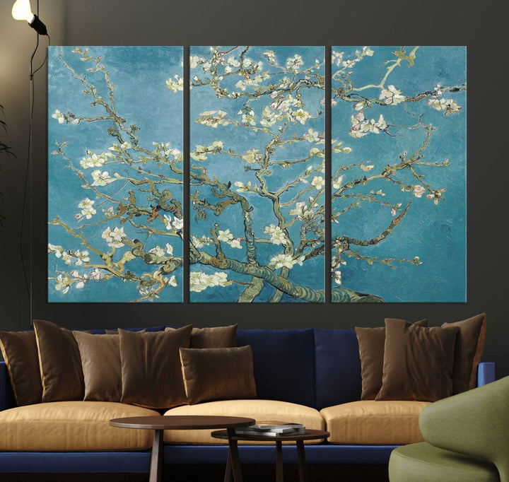 The wall art, Vincent Van Goghs Almond Blossom, stands out with its vibrant depiction against a serene blue background.