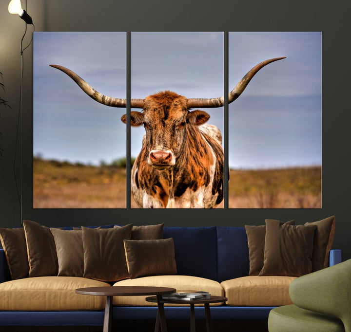 The Texas Longhorn Wall Art Print is displayed in a stylish living room.