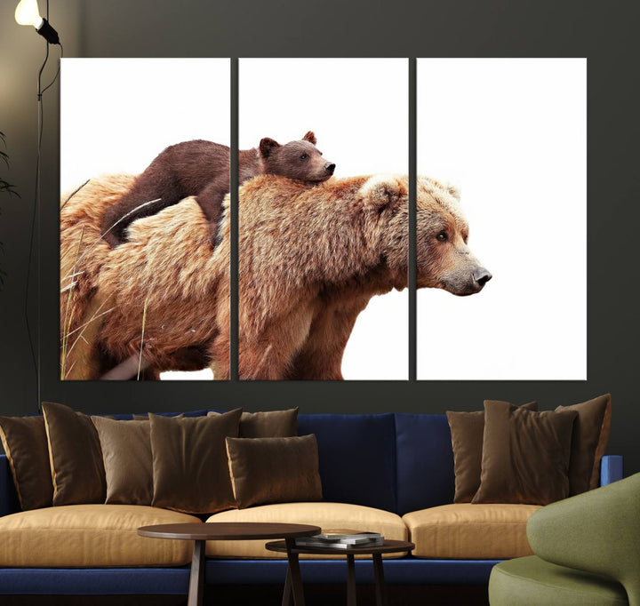 Mother and Baby Bear canvas: an adorable wildlife print displayed on a dark green wall.