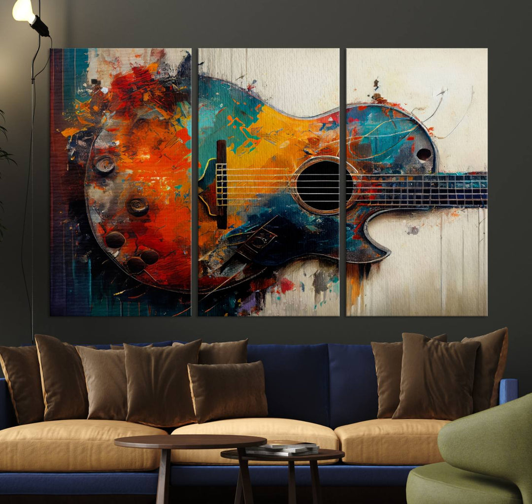 A vibrant guitar wall art canvas is mounted on the wall.