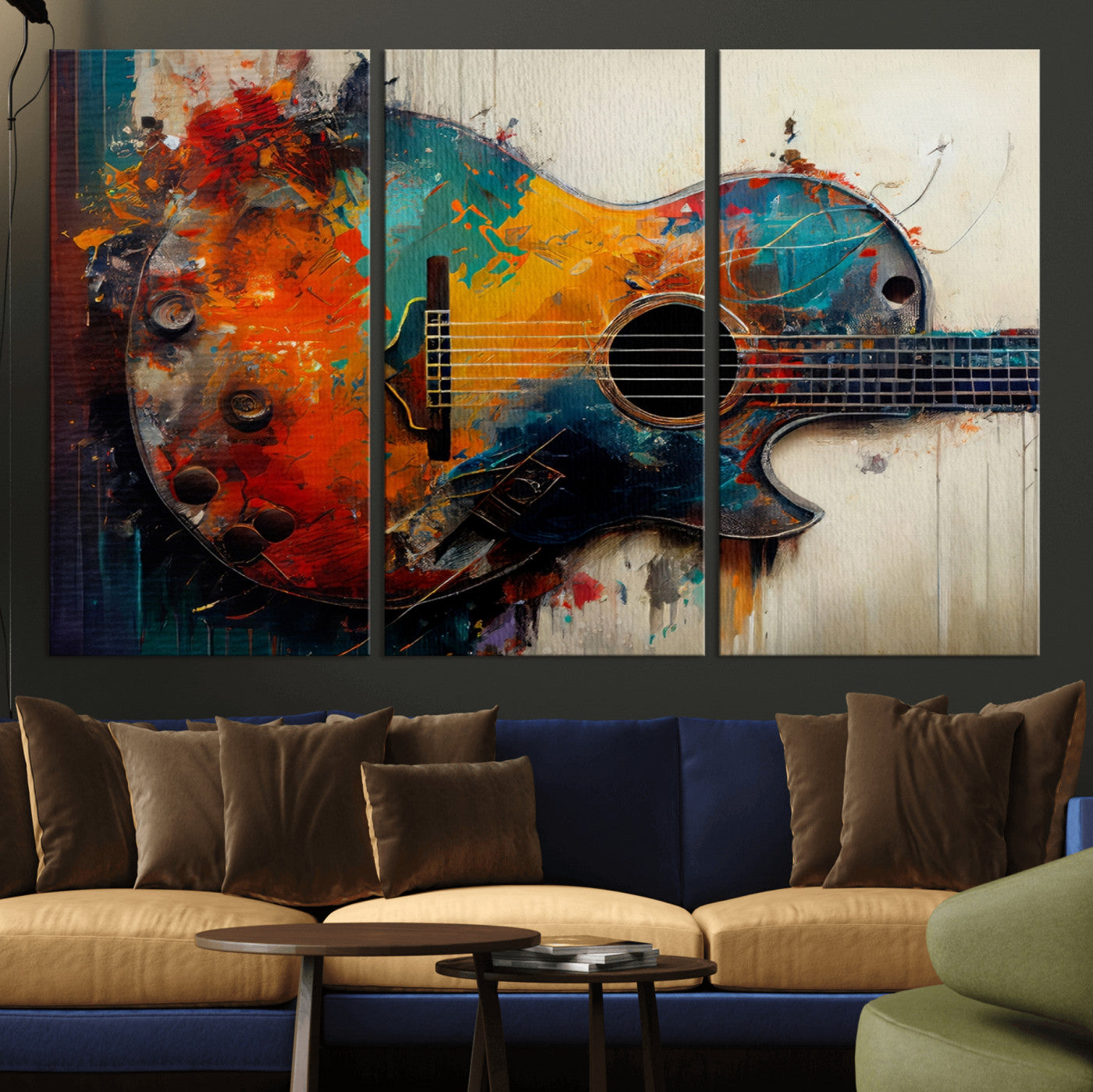 MGV-CV-48X32-3P - Abstract Guitar Wall Art Canvas | Vibrant Music-Inspired Art for Living Room or Studio | Colorful Music Decor Canvas Print