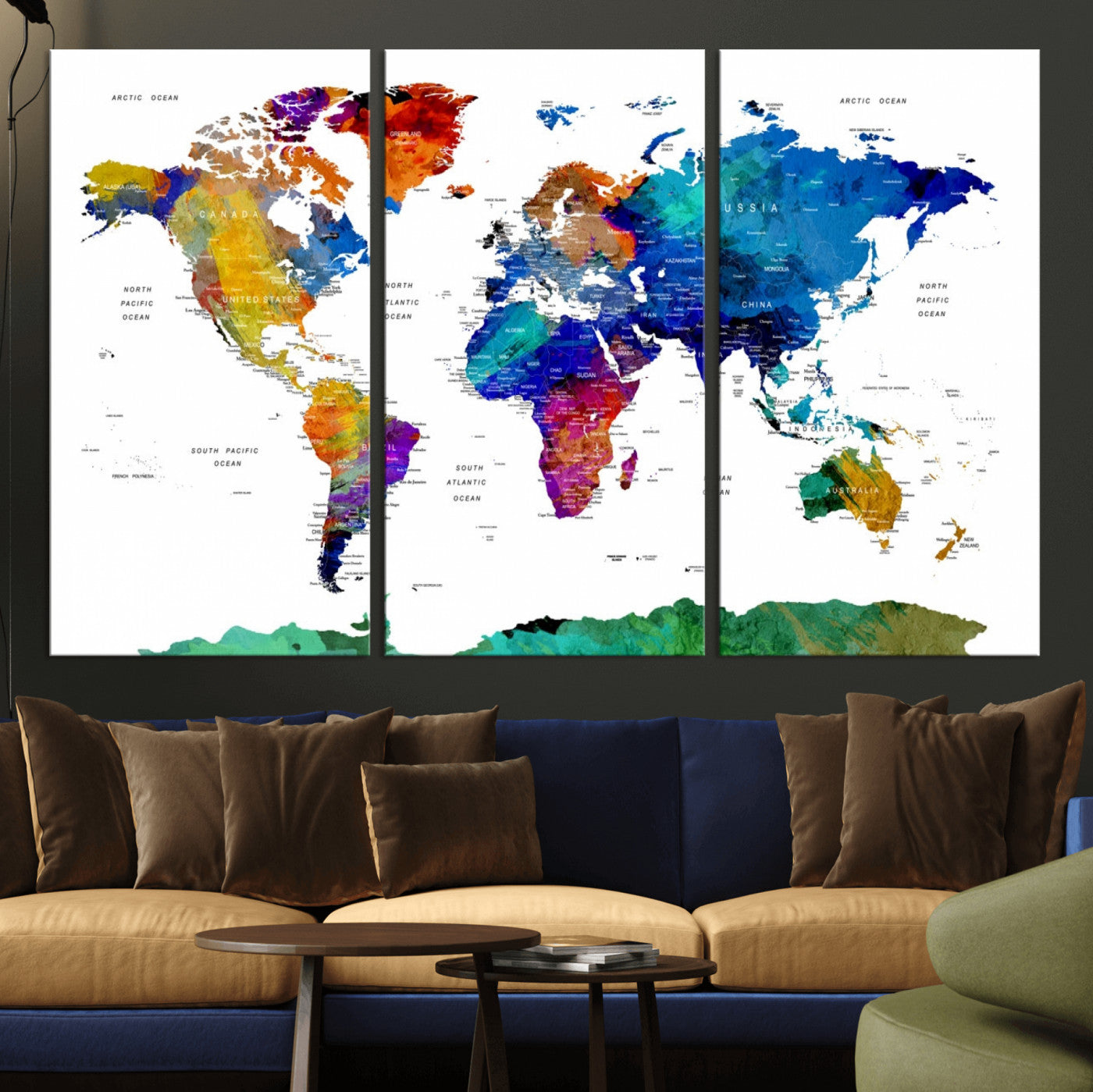 48979-MGV-CV-48X32-3P-Colorful Watercolor World Map Canvas Print – Vibrant Framed Travel Map Wall Art, Modern Decor for Living Room or Office