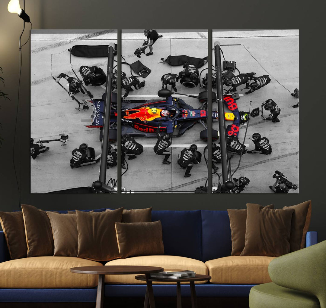 Red Bull Formula 1 Canvas Wall Art Print: An aerial view of a Formula 1 pit stop featuring a Red Bull car on premium canvas.