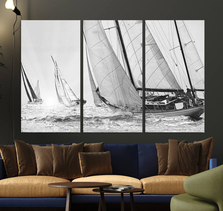 Yacht Sailboat Regatta canvas print on a textured wooden wall.