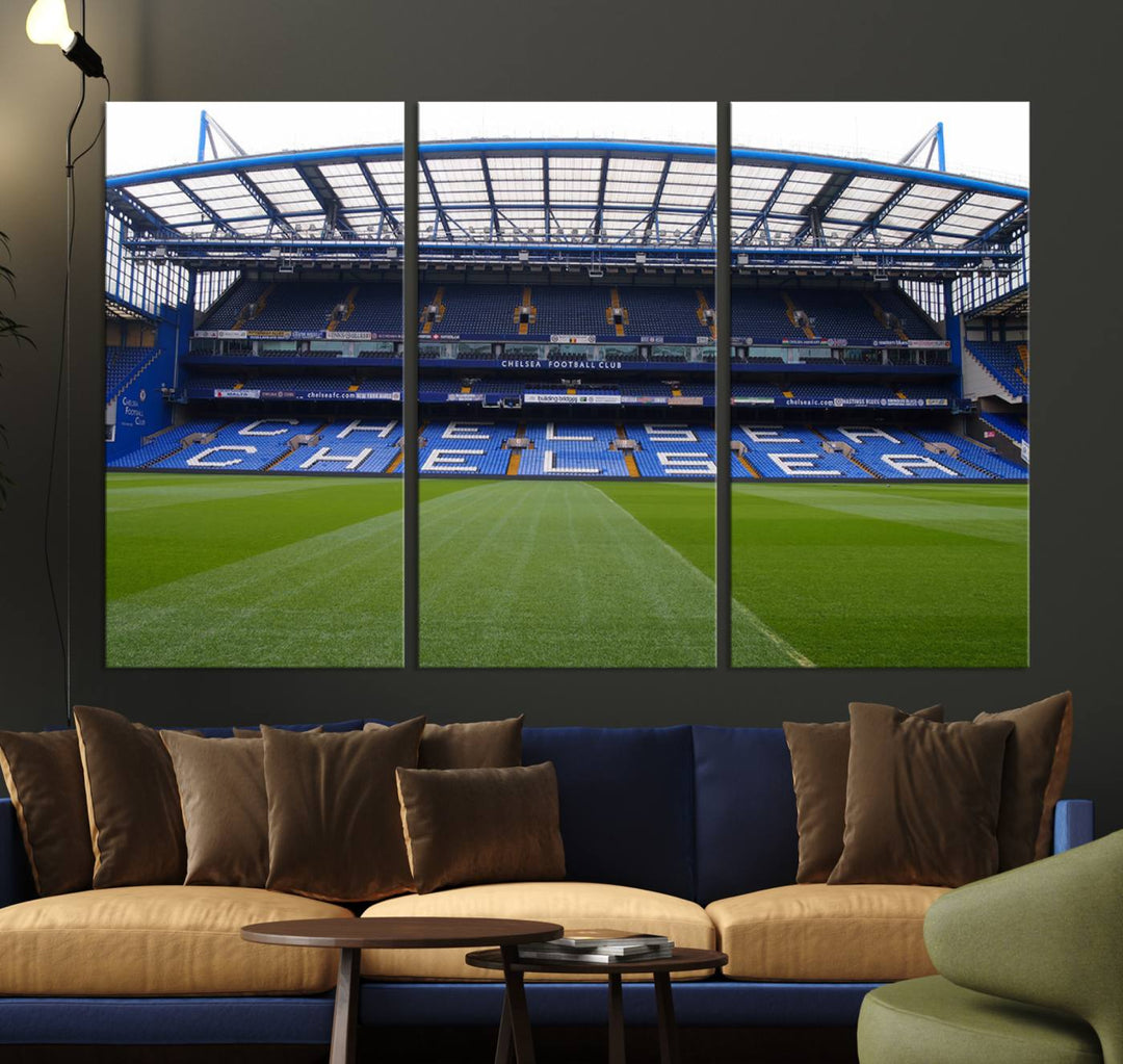 The wall art features a Chelsea FC Stamford Bridge Stadium canvas print.