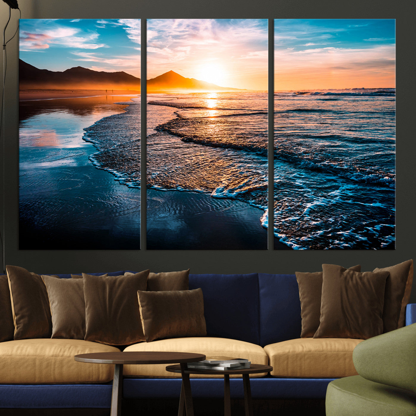 26494-MGV-CV-48X32-3P-Beach Ocean Sunset on the Sea Wall Art Canvas, Beach Ocean Sunset Canvas Print
