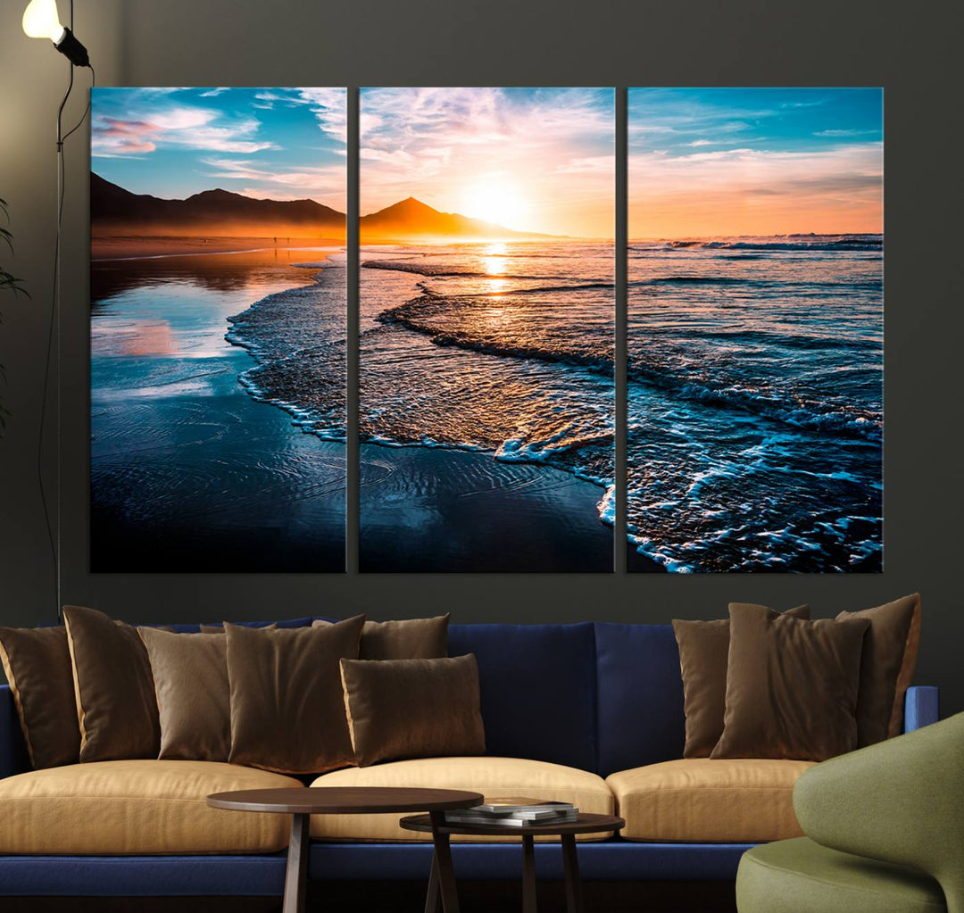 The Sunset Beach Ocean Canvas Wall Art – Tranquil Reflections at Dusk enhances the ambiance with its captivating depiction of serene ocean views at dusk.