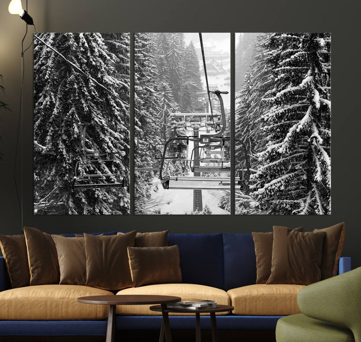 The Winter Ski Lift Canvas in minimalist style adds a unique touch to the dining room.