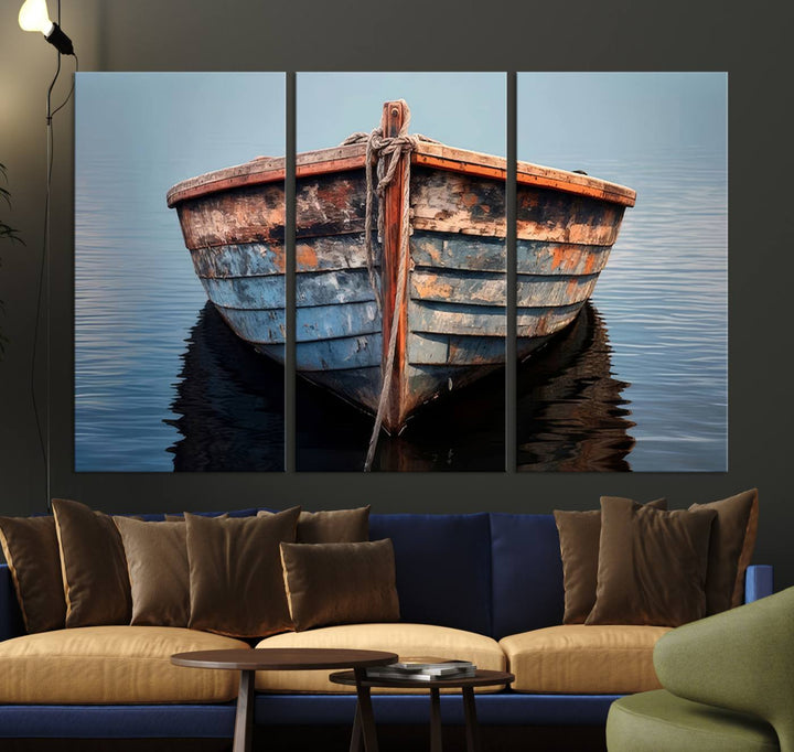 Stunning vintage boat canvas print featuring a calm water scene.