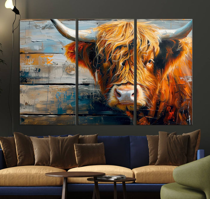 The dining room features Highland Cow Abstract Canvas Wall Art in a farmhouse rustic decor style.