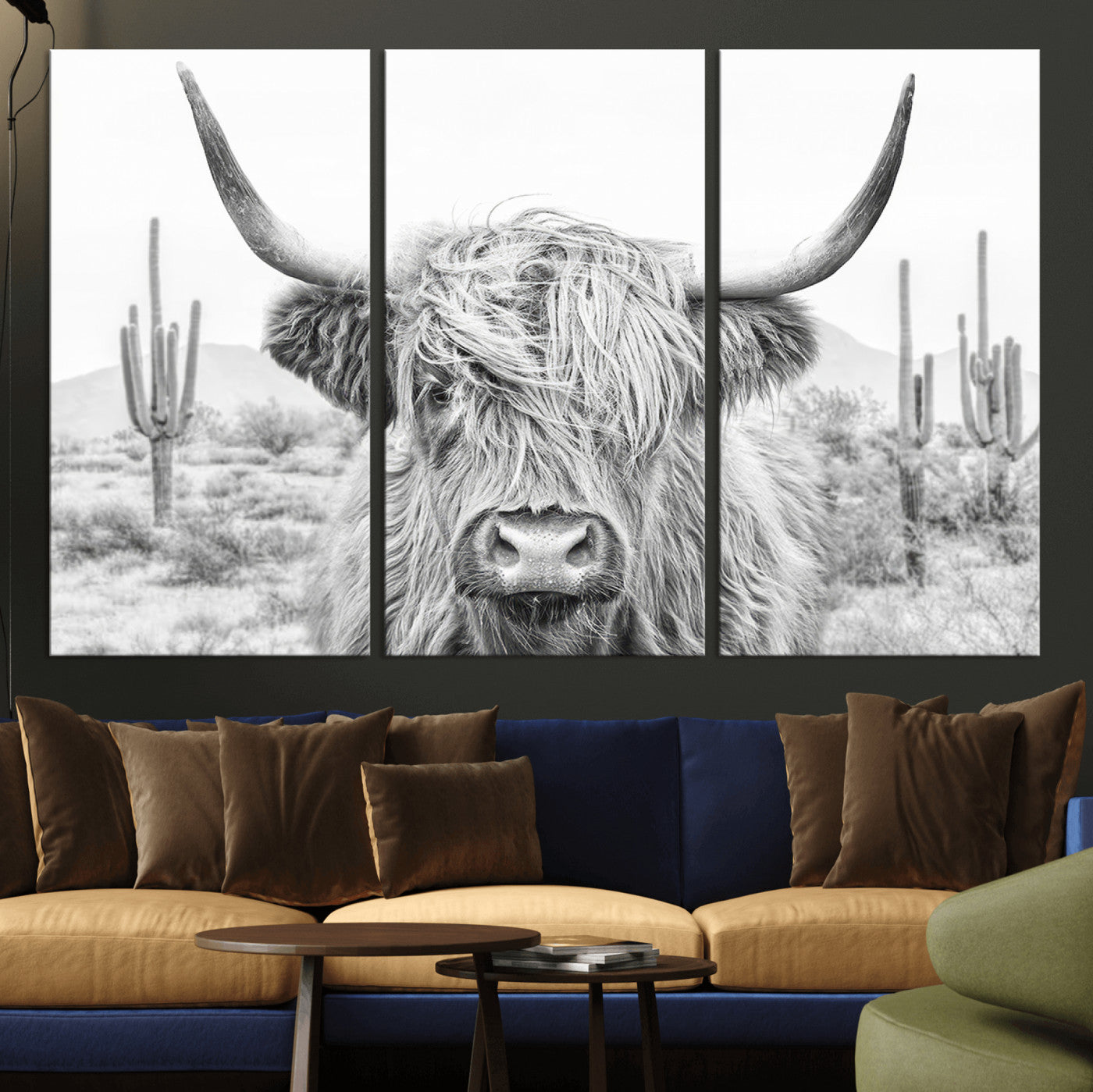 -Rustic Charm | Cow Longhorn Black White Bighorn Wall Art Canvas Print | Farmhouse Wall Art