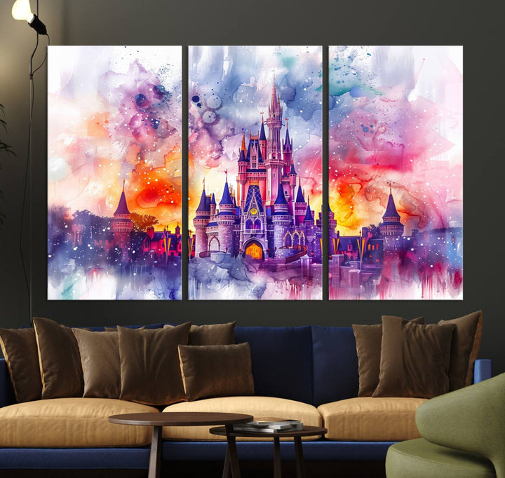 The watercolor Disney Wall Art showcases Cinderellas Castle in pink, purple, and orange hues.