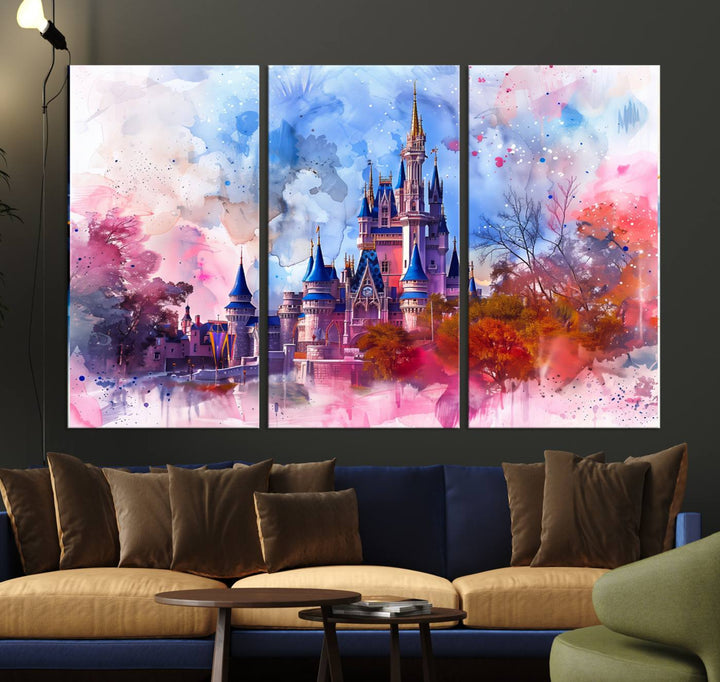 A Disney Wall Art: Dreamy Watercolor Cinderella Castle Canvas Print hangs prominently.