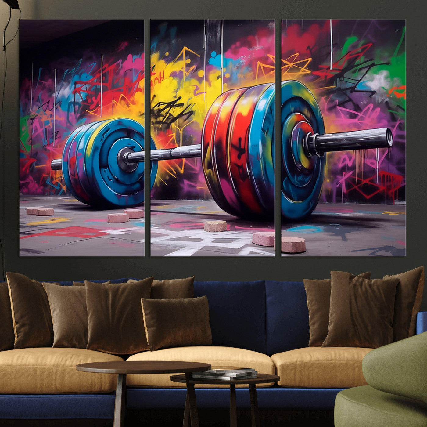 13549-MGV-CV-48X32-3P-Abstract Graffiti Barbell Canvas Wall Art – Urban Fitness Meets Bold Street Art Print - Gym Wall Art