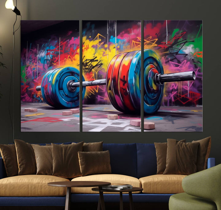 The Abstract Graffiti Barbell Canvas Wall Art is displayed on a porch.