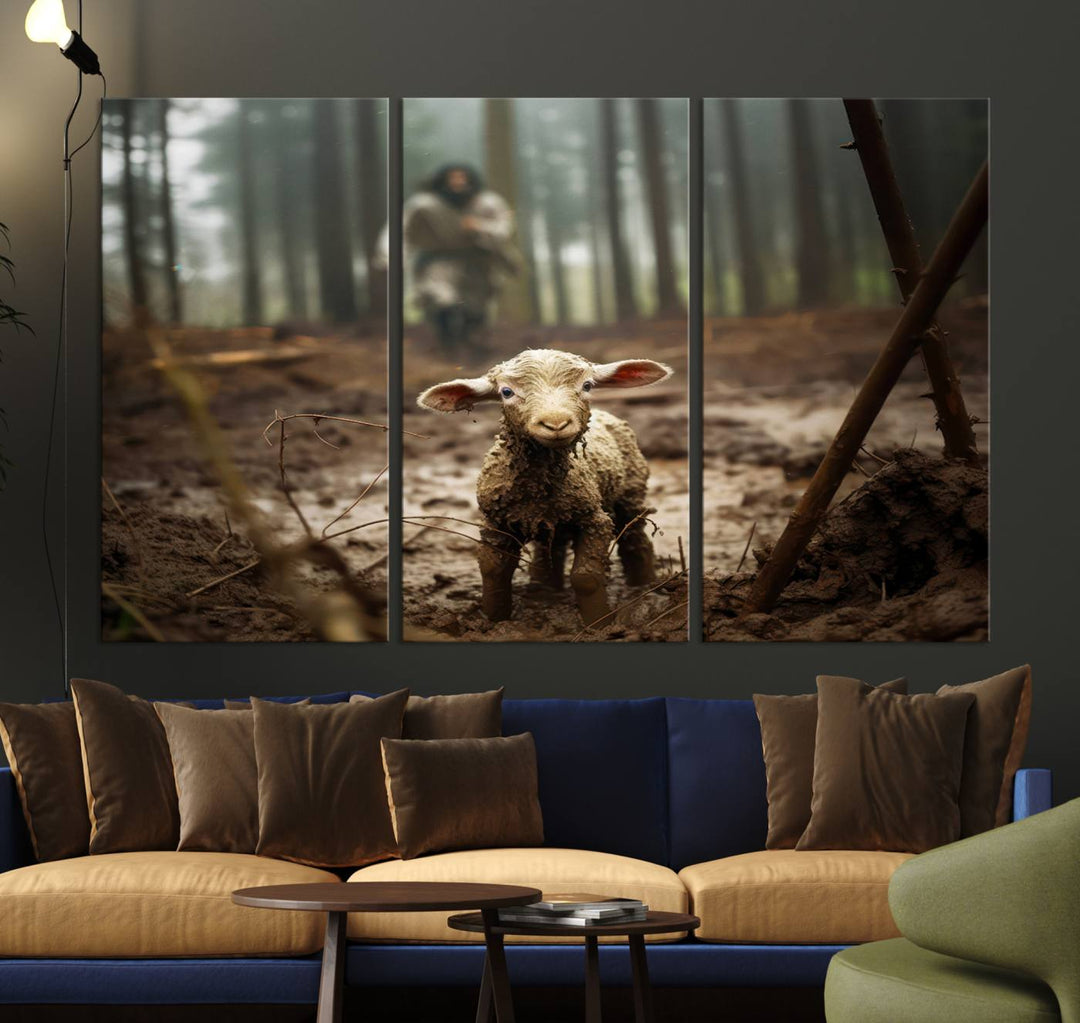 The Jesus Lost Lamb Canvas Wall Art features a heartwarming woodland scene, beautifully capturing the essence of serenity and grace.