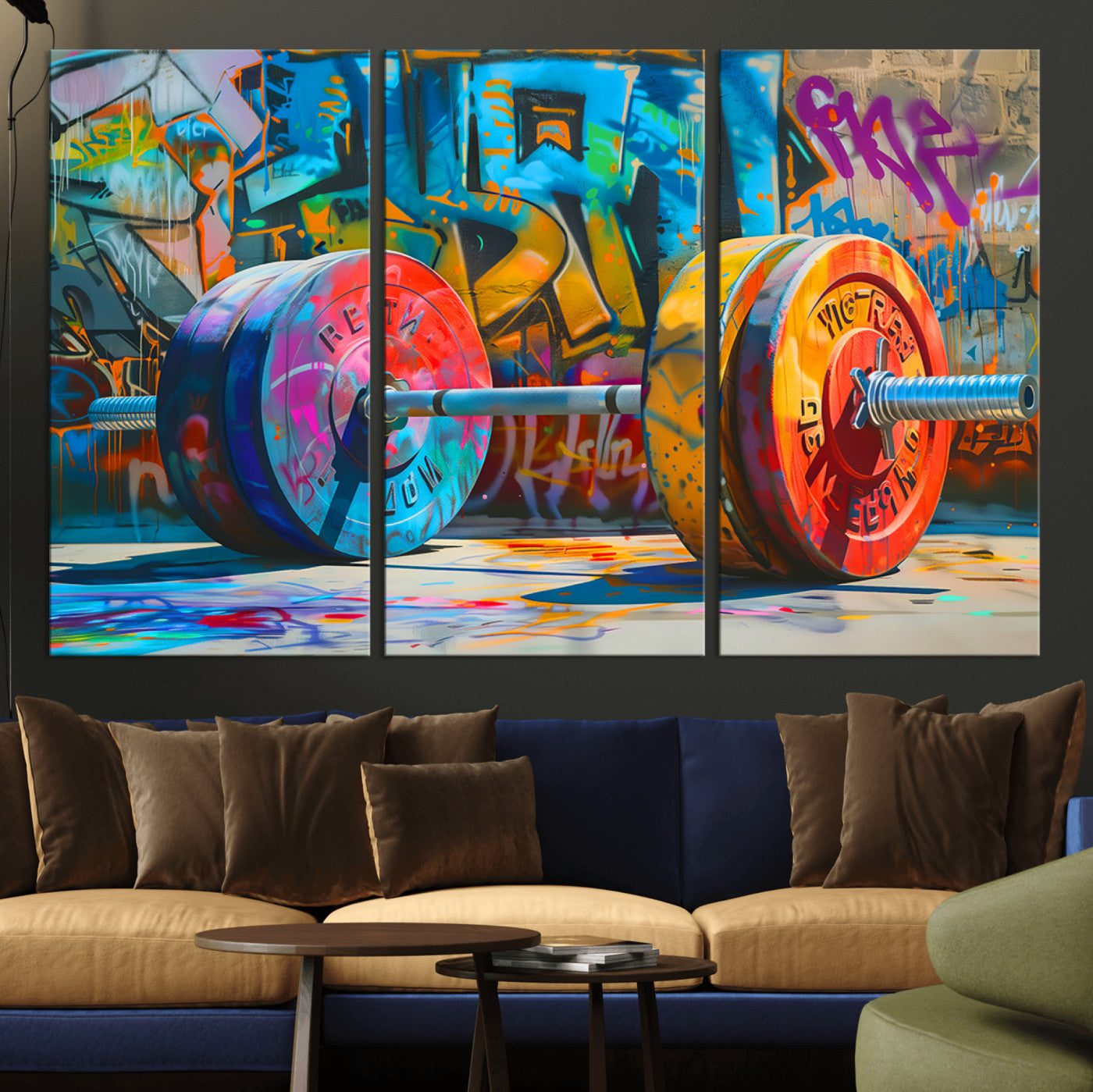 MGV-CV-48X32-3P - Fitness Gym Barbell Graffiti Wall Art Canvas Print