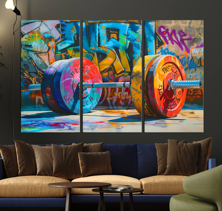 A Fitness Gym Barbell Graffiti Wall Art Canvas Print is displayed.