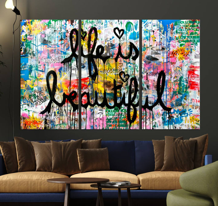 The Life Beautiful graffiti style canvas print is showcased in black script.