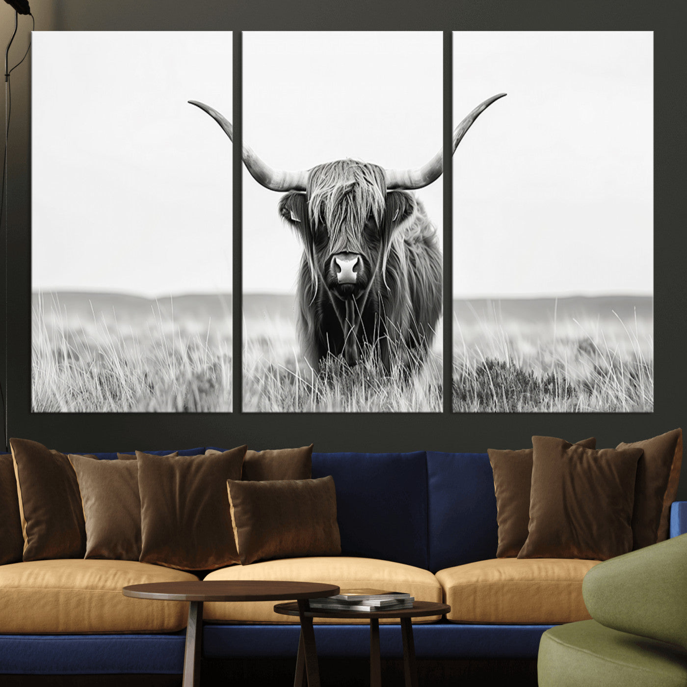 MGV-CV-48X32-3P - Highland Cow Canvas Wall Art – Majestic Beauty in Black and White