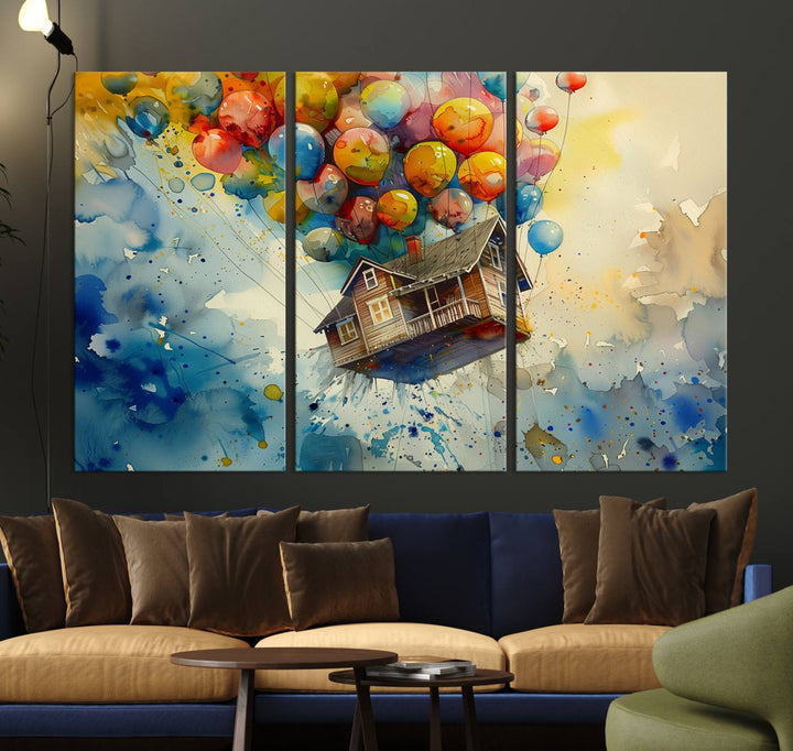 UP-Inspired Floating House with Balloons Triptych Canvas Art – Colorful 3-Panel Wall Decor for Living Room, Office, or Nursery