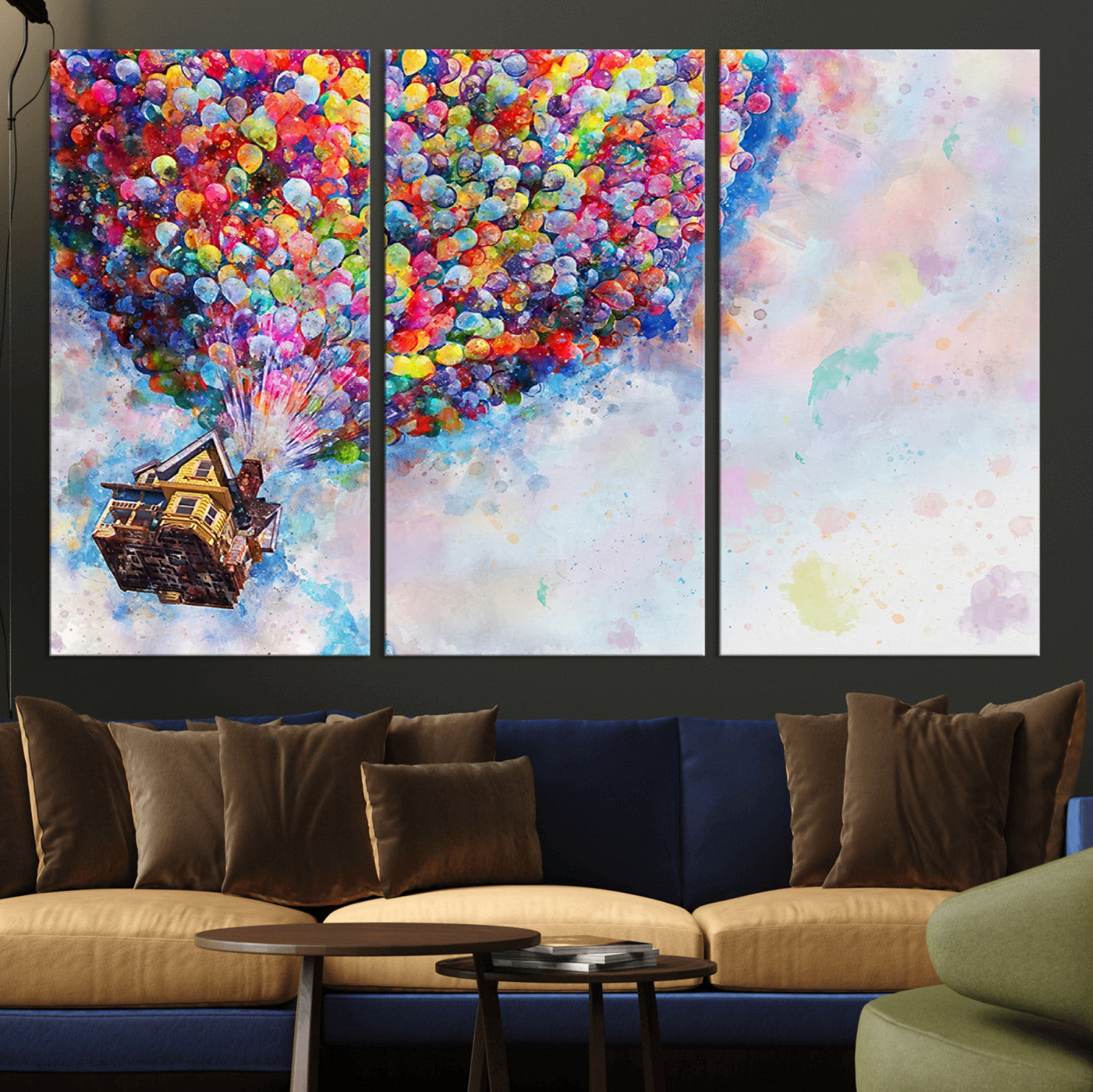 MGV-CV-48X32-3P - Don't Look Up Movie Canvas Wall Art - Vibrant Floating House and Balloons Scene, Tribute to Iconic