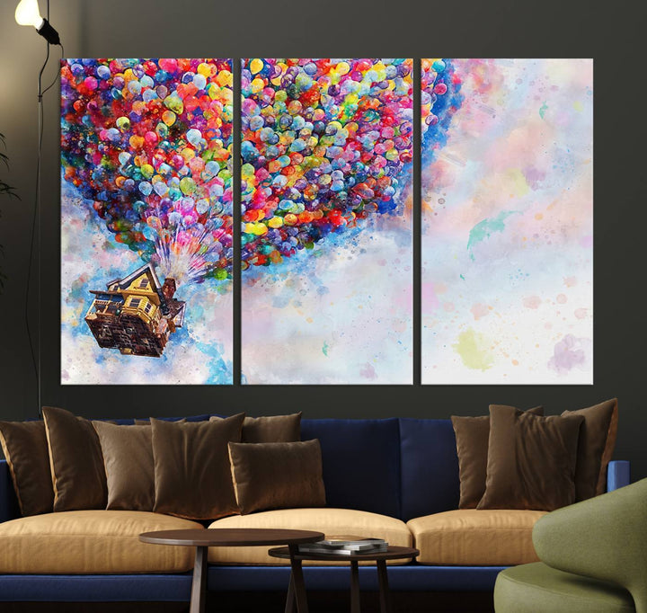 The Dont Look Up canvas wall art, featuring a house and balloons, brightens the kitchen wall.