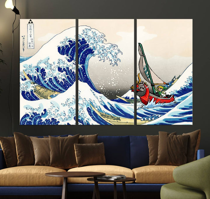 The Katsushika Hokusai Kanagawa Giant Wave Canvas print captures a vibrant sailing scene.