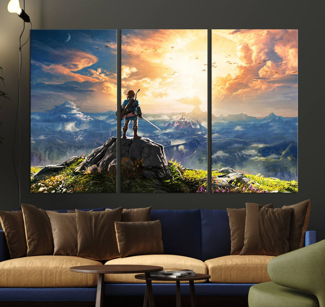 A vibrant Legend of Zelda Breath of the Wild canvas print depicts a figure standing on a rock with mountains and sky in the background.