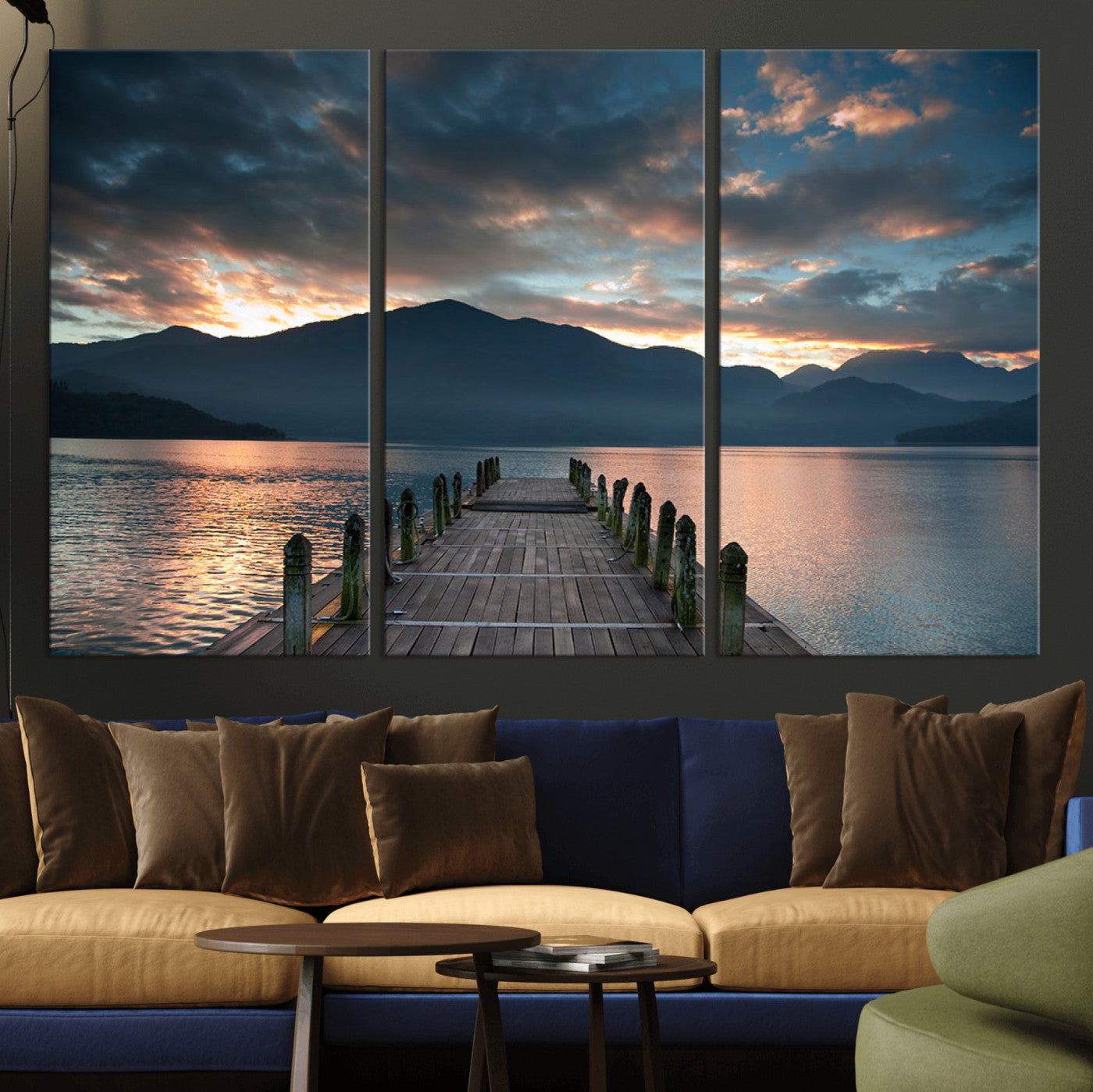 MGV-CV-48X32-3P - Mountain Lake Wood Pier Canvas Wall Art Nature Lake Print