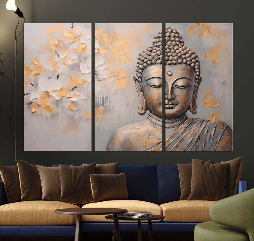 The serene dining room features Abstract Buddha Statue Wall Art.