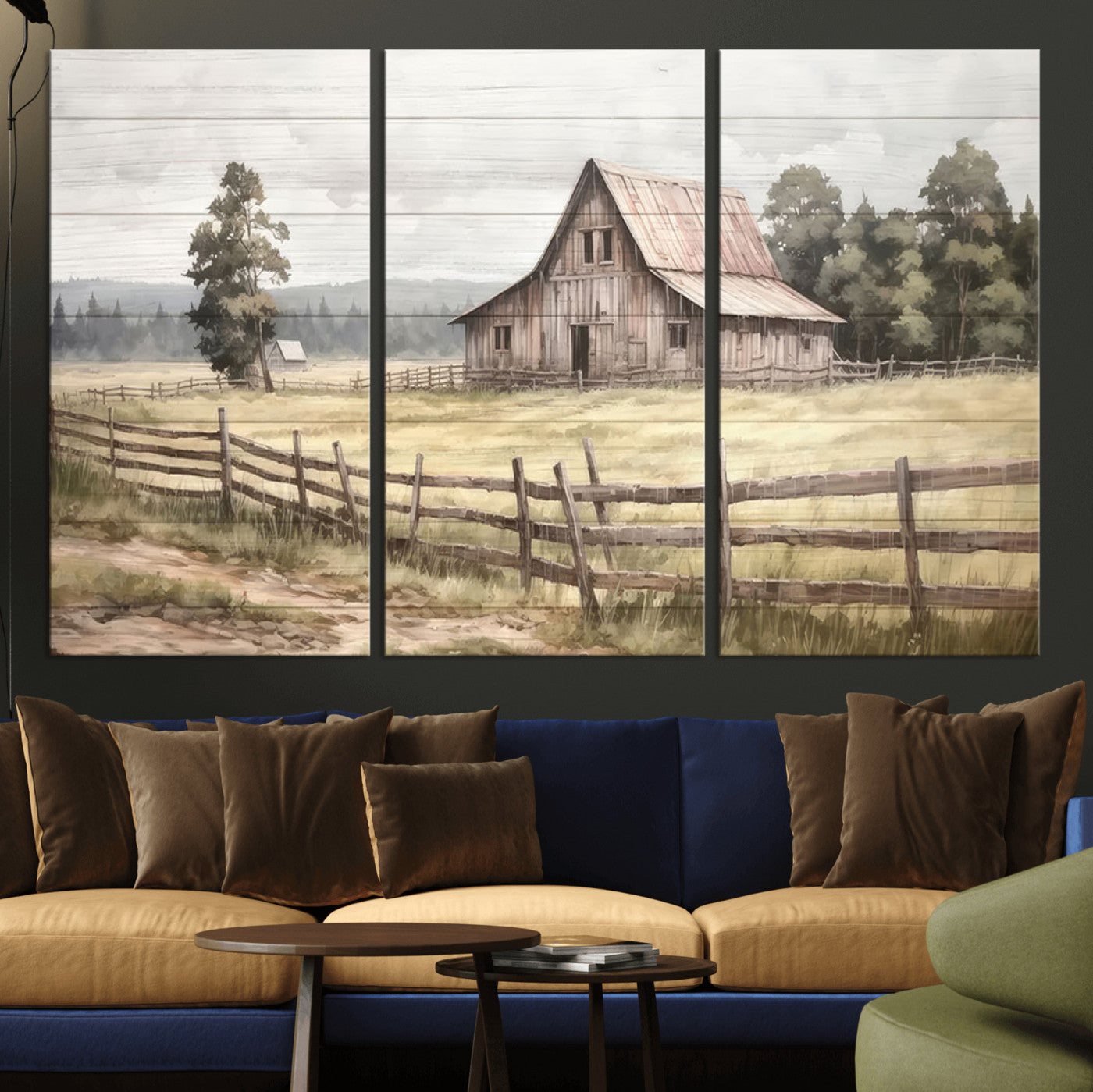 87489-MGV-CV-36X24-Rustic Farmhouse Barn Wall Art | 3-Panel Framed Gallery Wrap Giclee Canvas Print for Living Room,