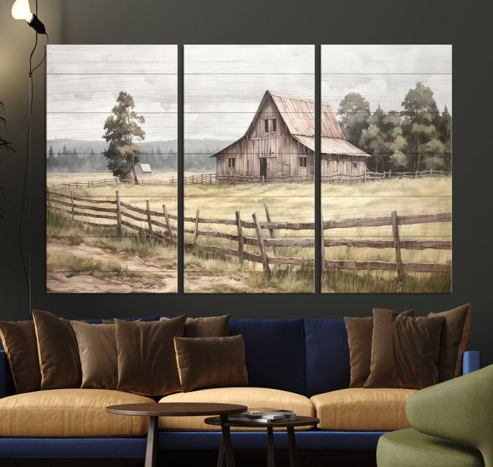 The wall is adorned with a Rustic Farmhouse Barn Wall Art.