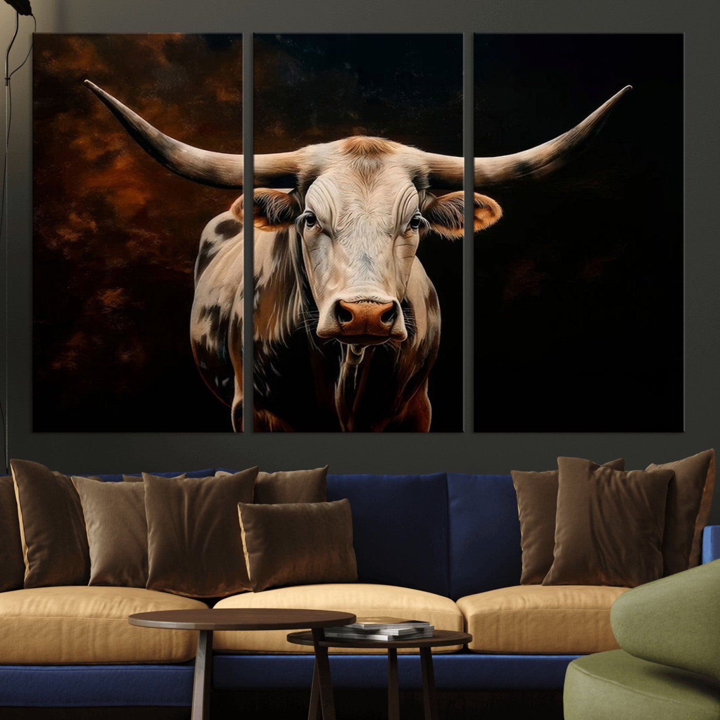 70522-MGV-CV-36X24-Texas Longhorn Wall Art | 3-Panel Large Texas Longhorn Canvas Print for Living Room, Office, or