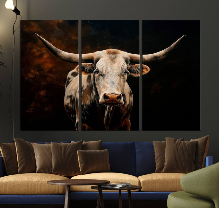 A large 3-panel Texas Longhorn canvas print dominates the space.