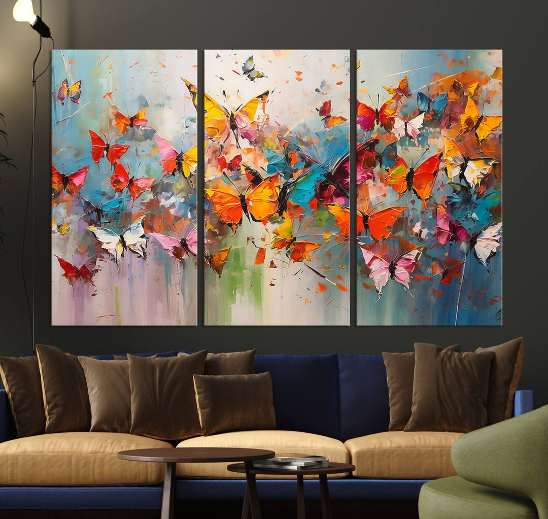 The Abstract Butterfly Wall Art Canvas Print hangs prominently, adding a touch of elegance and creativity to the room.