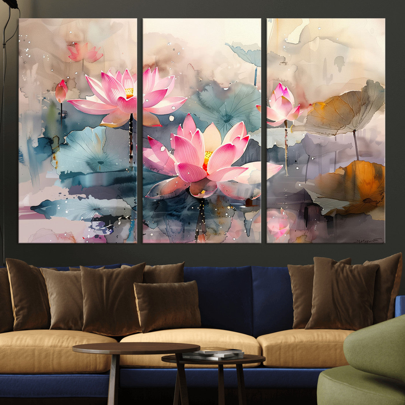 MGV-CV-48X32-3P - Lotus Flower Wall Art | 3-Panel Giclee Canvas Print of Pink Lotus Blossoms for Living Room, Bedroom, Office | Framed Lotus Floral Wall Art Decor Print