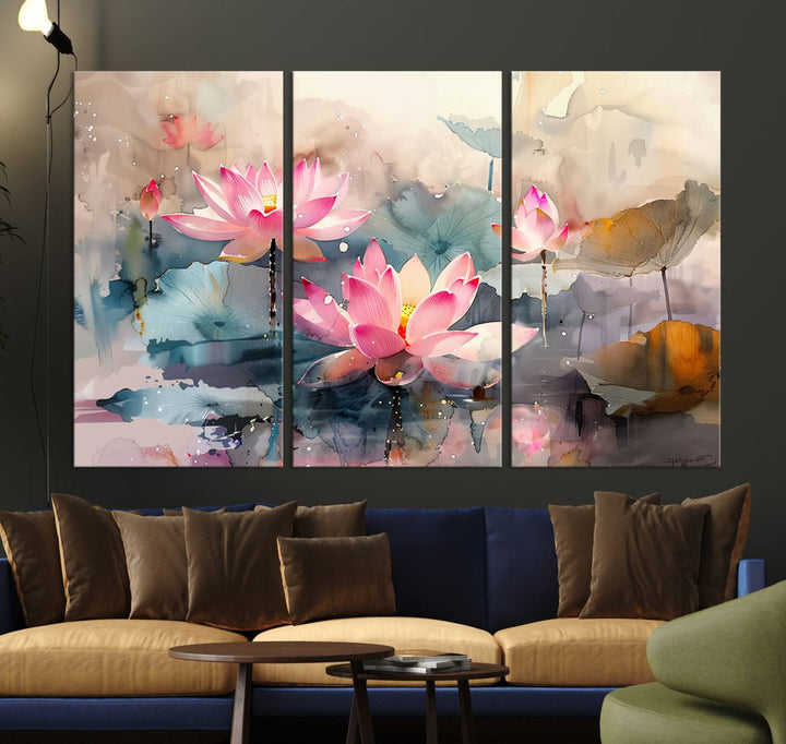 A pink lotus wall art adorns the space.