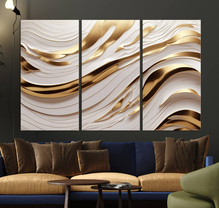 A Gold and White Abstract Wave Canvas with luxurious golden accents.